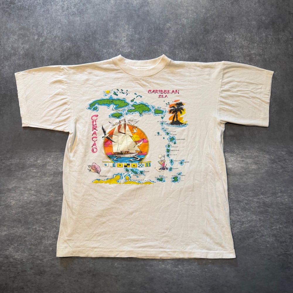 Vtg 80s Curacao Caribbean Sea Map Graphic T Shirt Mens L Souvenir Single Stitch